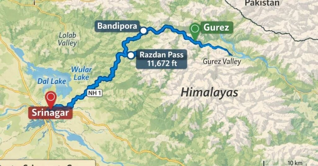Srinagar to Gurez Valley Distance
